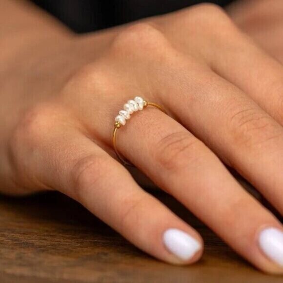 Dainty Pearl Ring sz 5-8 Pearl Gold Ring Waterproof Gold Ring Stack PRETTY - Picture 4 of 10